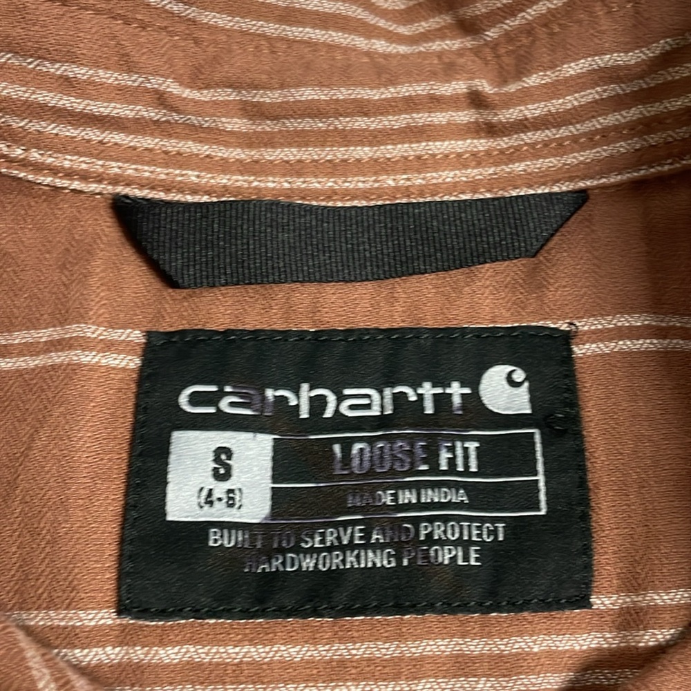 Carhartt Women’s Short Sleeve Loose Fit Woven Button Front Clay with Stripes NWT - Picture 4 of 5